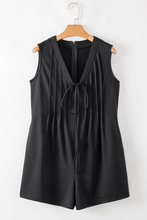 Solid Pintuck Tie V Neck Sleeveless Loose Romper