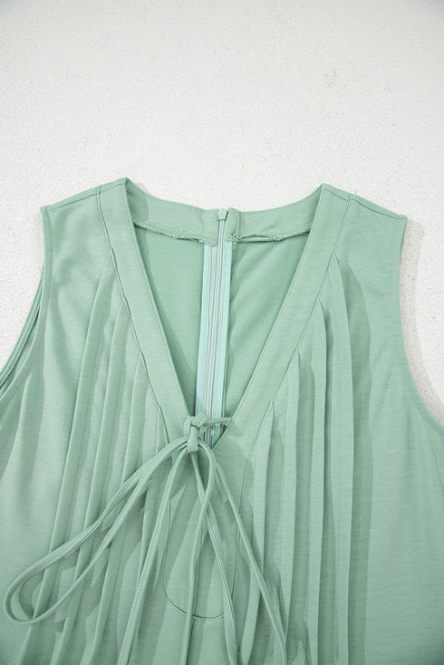 Solid Pintuck Tie V Neck Sleeveless Loose Romper