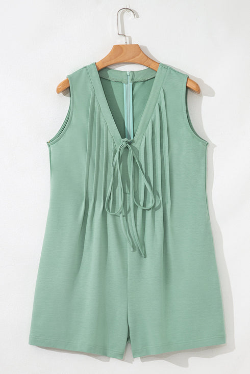Solid Pintuck Tie V Neck Sleeveless Loose Romper