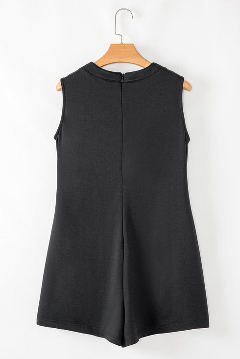 Solid Pintuck Tie V Neck Sleeveless Loose Romper