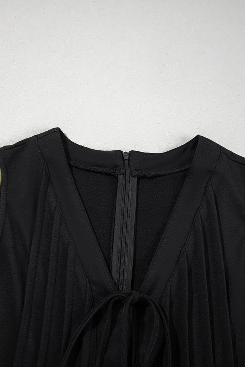 Solid Pintuck Tie V Neck Sleeveless Loose Romper