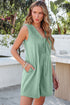 Solid Pintuck Tie V Neck Sleeveless Loose Romper