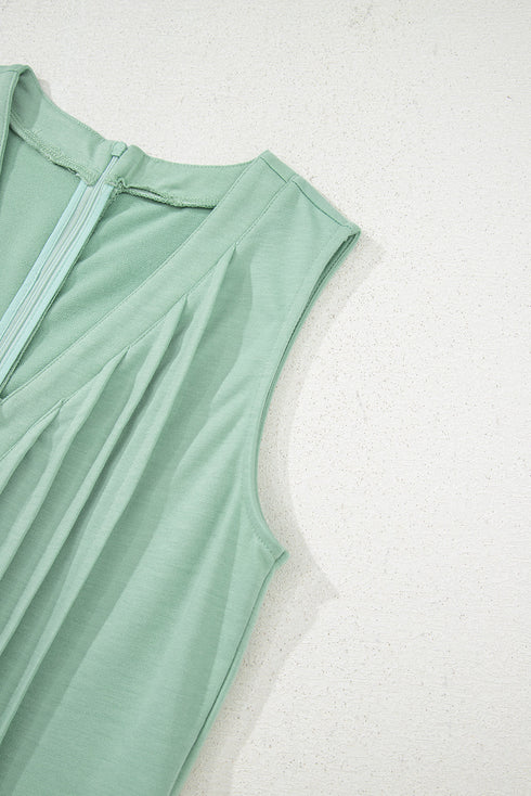 Solid Pintuck Tie V Neck Sleeveless Loose Romper