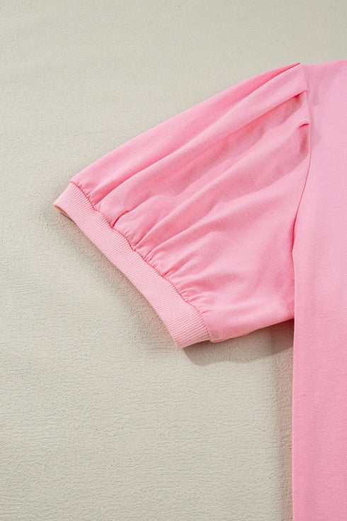 Solid Pleated V Neck Short Puff Sleeve Blouse