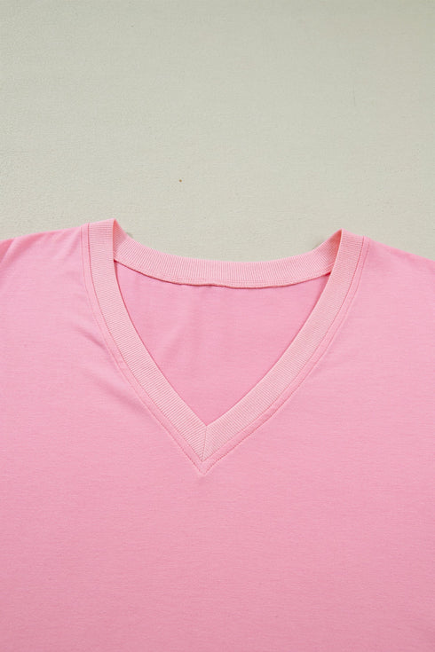 Solid Pleated V Neck Short Puff Sleeve Blouse