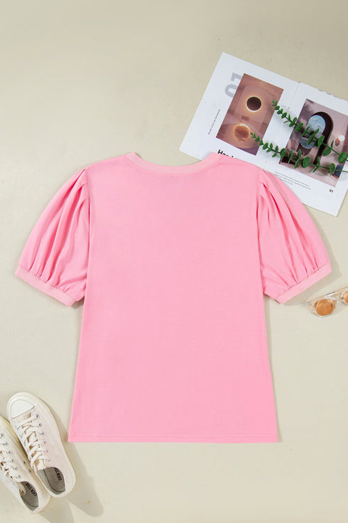 Solid Pleated V Neck Short Puff Sleeve Blouse
