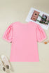 Solid Pleated V Neck Short Puff Sleeve Blouse