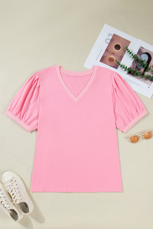 Solid Pleated V Neck Short Puff Sleeve Blouse