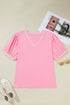 Solid Pleated V Neck Short Puff Sleeve Blouse