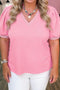 Solid Pleated V Neck Short Puff Sleeve Blouse