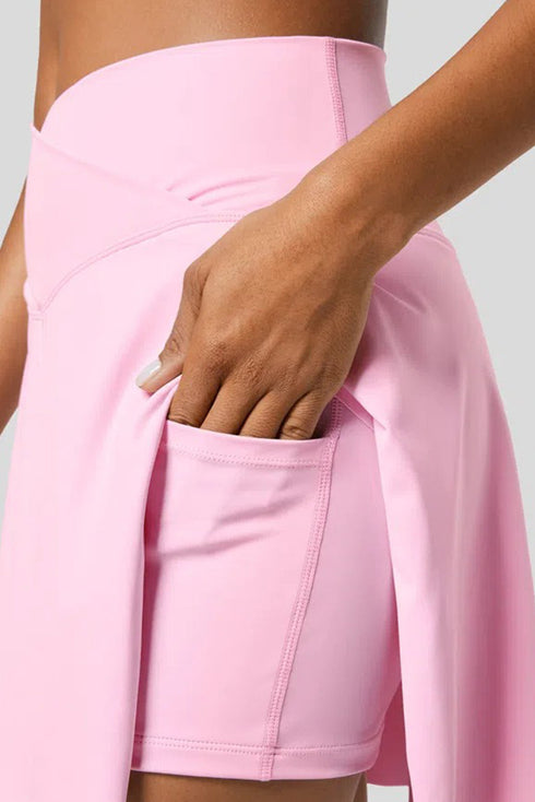 Solid Pocketed Crossover High Waist Swim Skort