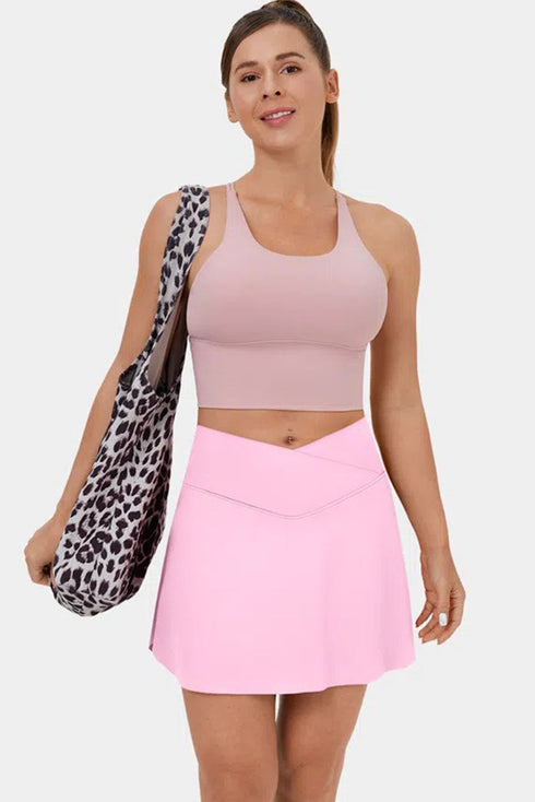 Solid Pocketed Crossover High Waist Swim Skort