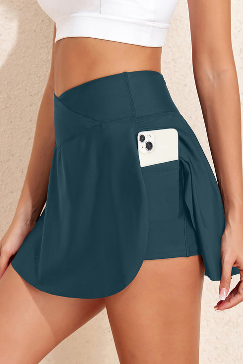 Solid Pocketed Crossover High Waist Swim Skort