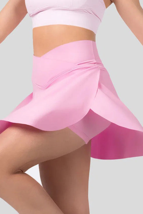 Solid Pocketed Crossover High Waist Swim Skort