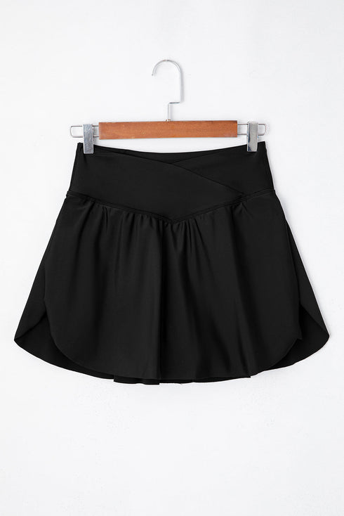 Solid Pocketed Crossover High Waist Swim Skort