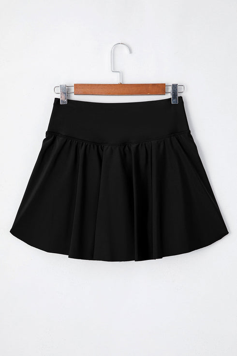 Solid Pocketed Crossover High Waist Swim Skort