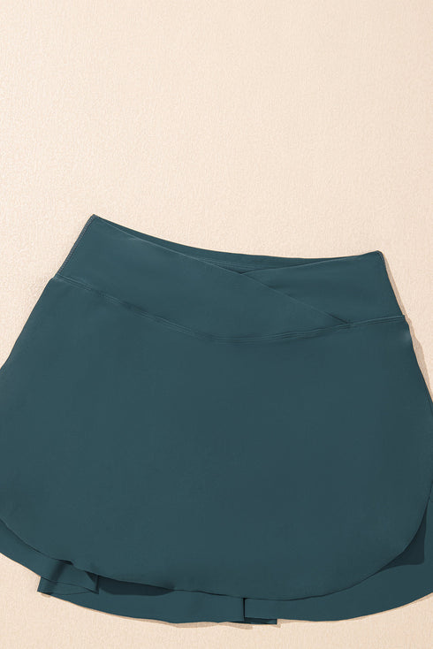 Solid Pocketed Crossover High Waist Swim Skort