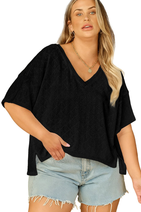 Solid Pointelle Rhombus Knit V Neck Loose Top