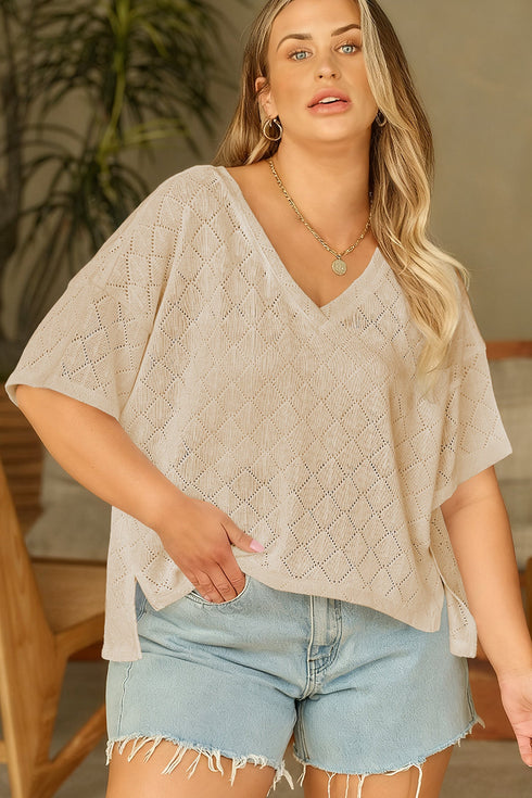 Solid Pointelle Rhombus Knit V Neck Loose Top