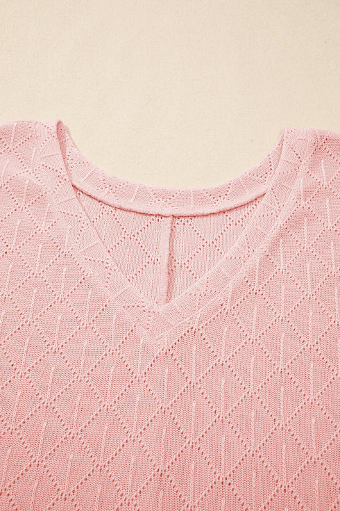 Solid Pointelle Rhombus Knit V Neck Loose Top