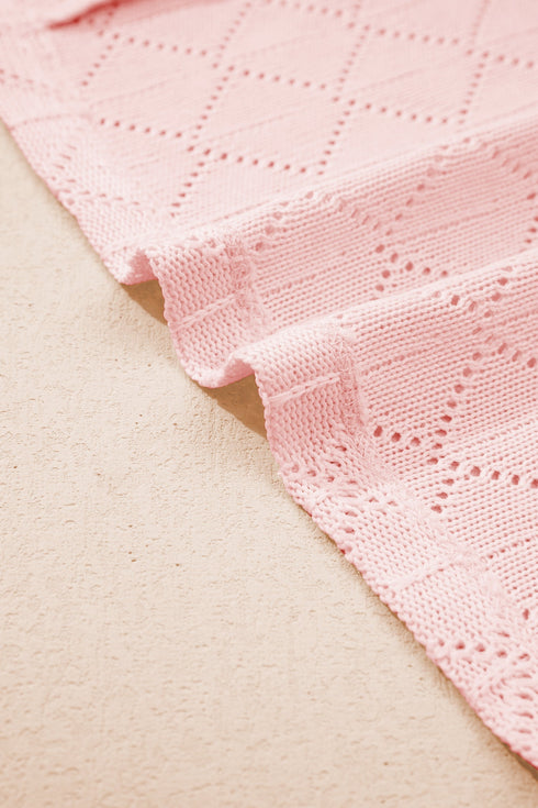 Solid Pointelle Rhombus Knit V Neck Loose Top