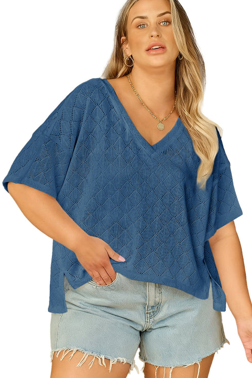 Solid Pointelle Rhombus Knit V Neck Loose Top