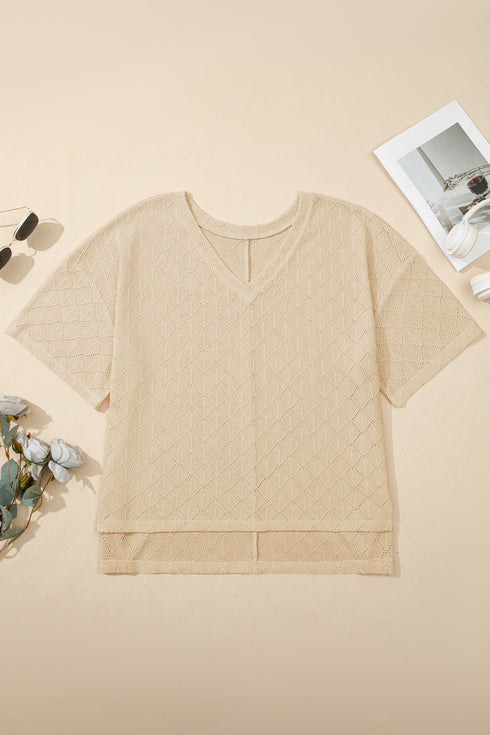 Solid Pointelle Rhombus Knit V Neck Loose Top