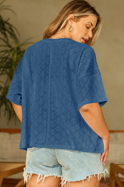 Solid Pointelle Rhombus Knit V Neck Loose Top