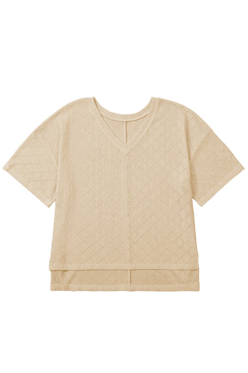 Solid Pointelle Rhombus Knit V Neck Loose Top