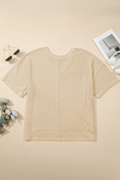 Solid Pointelle Rhombus Knit V Neck Loose Top