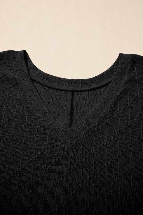 Solid Pointelle Rhombus Knit V Neck Loose Top