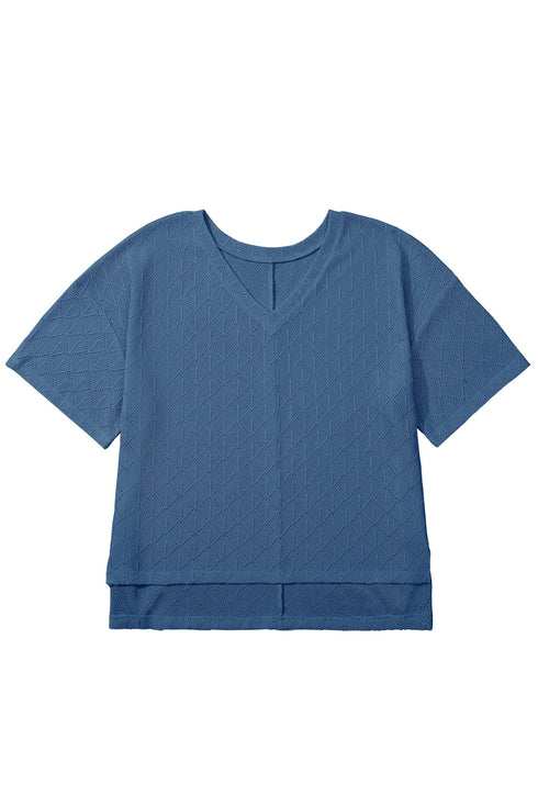 Solid Pointelle Rhombus Knit V Neck Loose Top