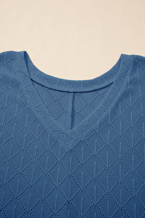 Solid Pointelle Rhombus Knit V Neck Loose Top
