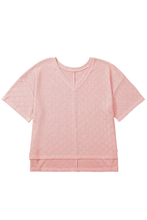 Solid Pointelle Rhombus Knit V Neck Loose Top