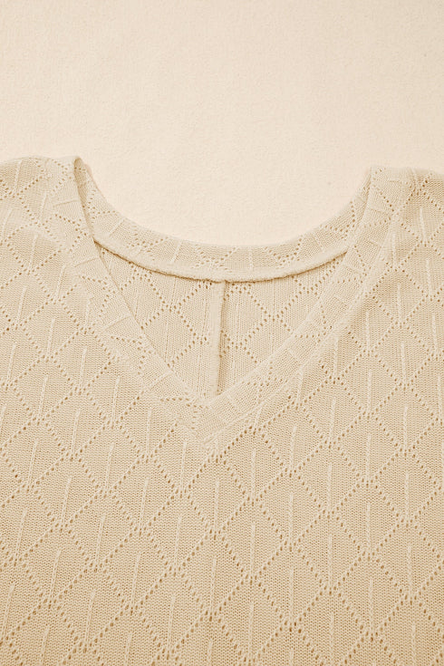 Solid Pointelle Rhombus Knit V Neck Loose Top