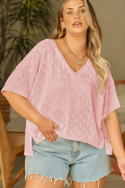 Solid Pointelle Rhombus Knit V Neck Loose Top