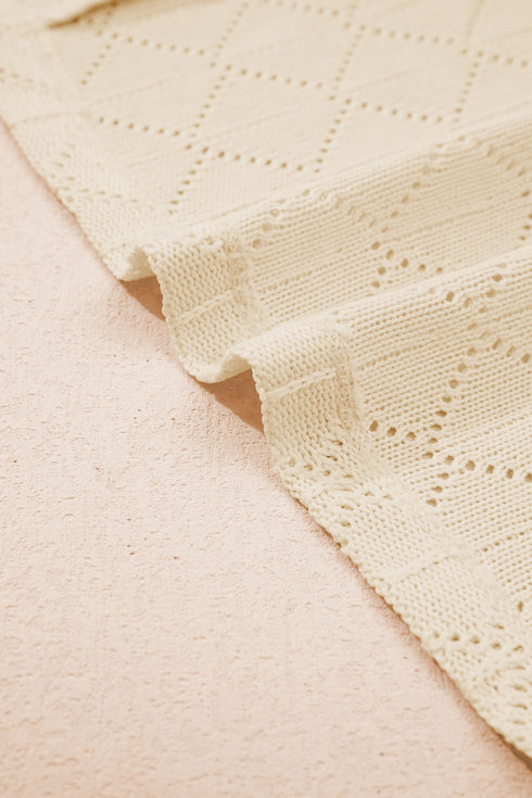 Solid Pointelle Rhombus Knit V Neck Loose Top