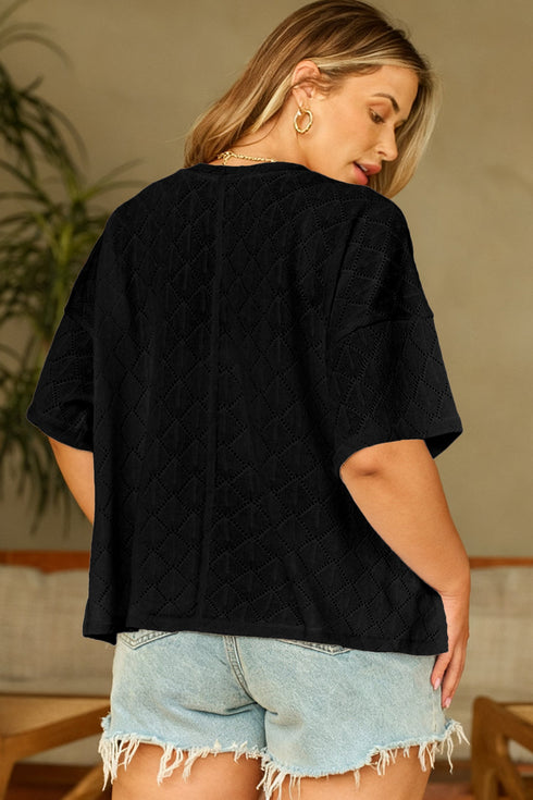 Solid Pointelle Rhombus Knit V Neck Loose Top
