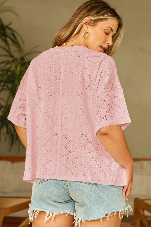 Solid Pointelle Rhombus Knit V Neck Loose Top