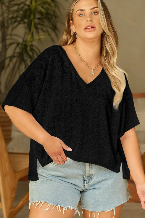 Solid Pointelle Rhombus Knit V Neck Loose Top