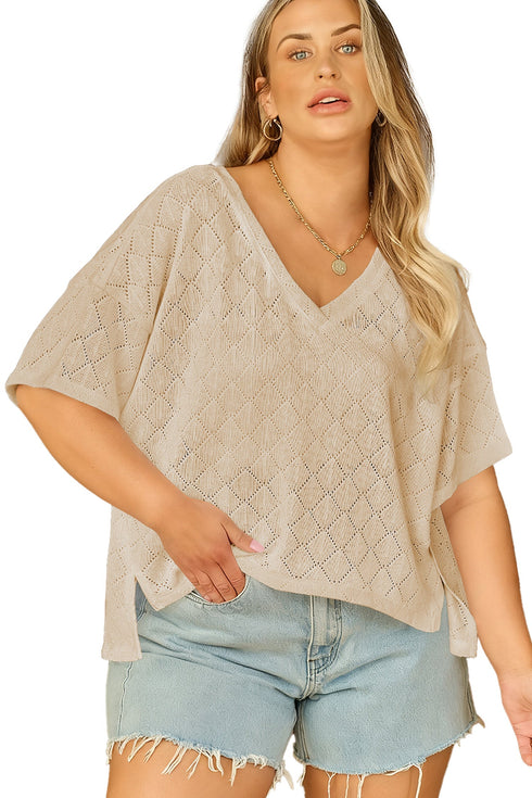 Solid Pointelle Rhombus Knit V Neck Loose Top