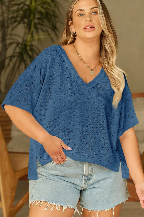 Solid Pointelle Rhombus Knit V Neck Loose Top