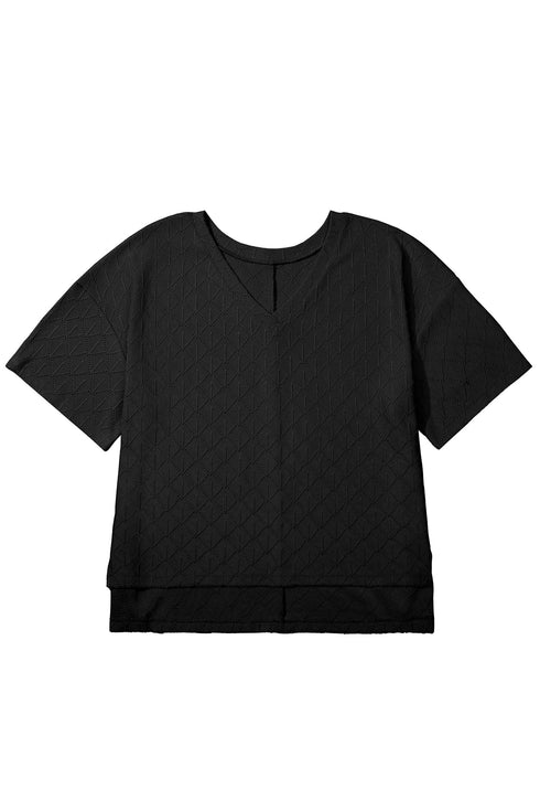 Solid Pointelle Rhombus Knit V Neck Loose Top