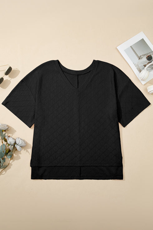 Solid Pointelle Rhombus Knit V Neck Loose Top