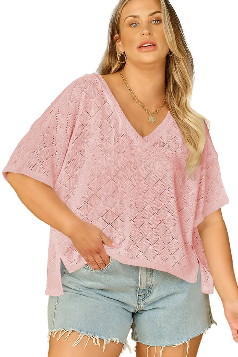 Solid Pointelle Rhombus Knit V Neck Loose Top