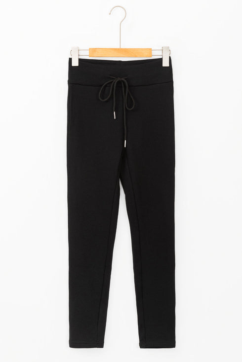 Solid Print Drawstring Waist Fleece Lined Thermal Leggings