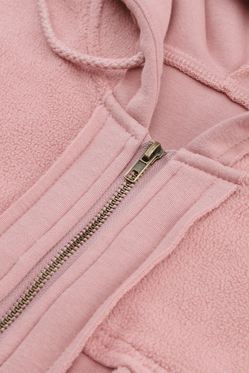 Solid Print Flap Pocket Drawstring Hooded Zip Up Jacket