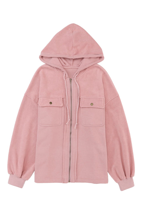 Solid Print Flap Pocket Drawstring Hooded Zip Up Jacket