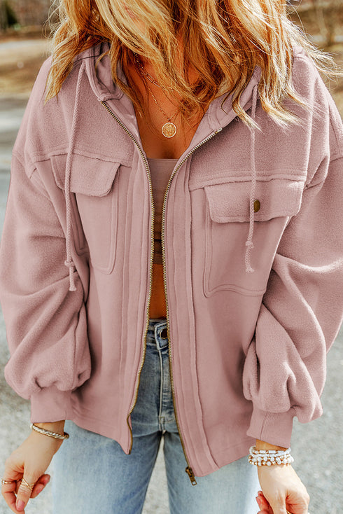 Solid Print Flap Pocket Drawstring Hooded Zip Up Jacket