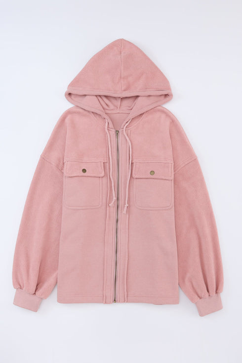 Solid Print Flap Pocket Drawstring Hooded Zip Up Jacket